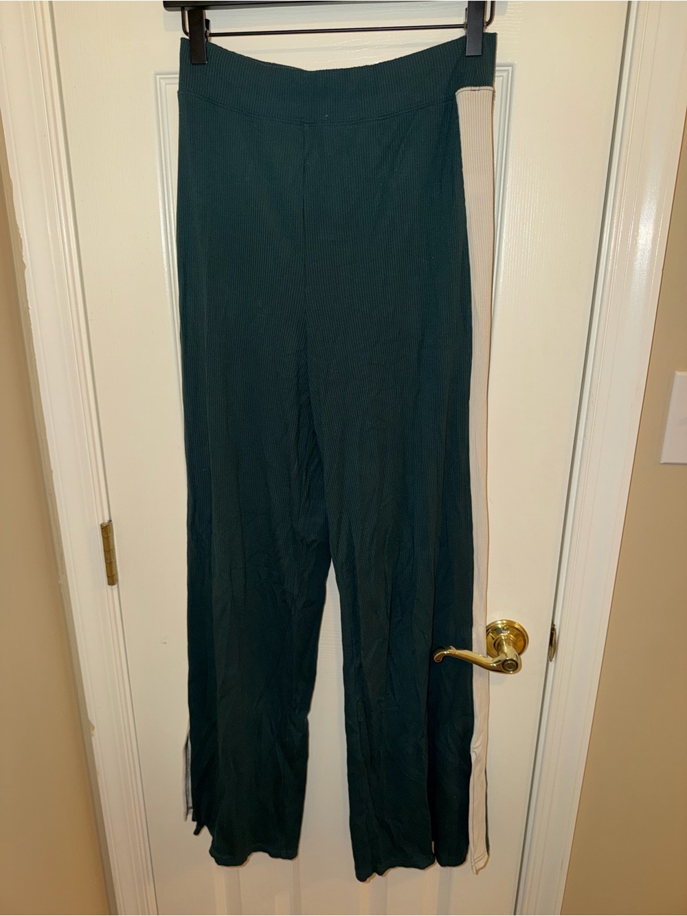 Forest Green Wide-Leg Knit Pants with Cream Side Stripe